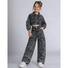 Conjunto Jeans Infantil Feminino Cargo Menina Fashion Modinha Calça Blusa Grafite Estonada Blogueira