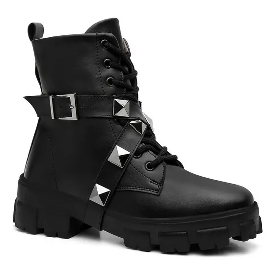 Bota Feminino Estilo Coturno Conforto DETALHE EM TORRES CROMADAS EM OFERTA
