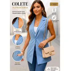 colete Max, tipo blazer, longo, feminino, alfaiataria com bolso, botao forrado, novedade